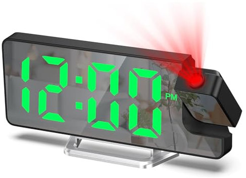 Maoskax Projection Alarm Clocks for Bedroom LED Digital Clock 180° Rotatable Projector Mirror Display Snooze Date Temperature 12/24H 3-Level Brightness for Home Office (Adapter Not Included)