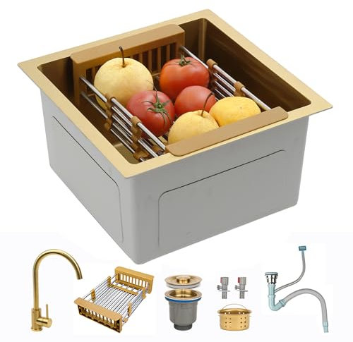 ATHOMASM 45x45cm Fregadero Cocina Dorado 1 Seno - Fregadero Pequeño de Acero Inoxidable con Grifo, Ideal para Barra, Instalación Bajo Encimera, Enrasado o Sobre Encimera
