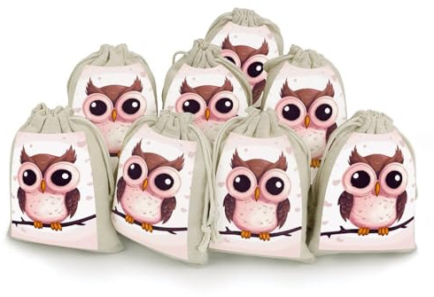 STVNKML Geschenktüten mit süßem Eulen-Motiv, Baumwollleinen, Partygeschenke, für dekorierte Veranstaltungen, 8 Stück