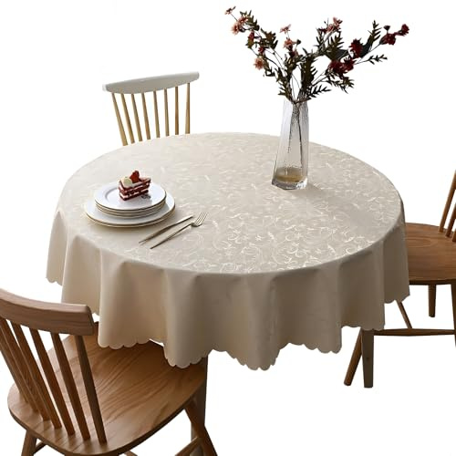 PETBNA PVC runde schmutzabweisende Tischdecke, wasserdicht und leicht zu reinigen, Beige 240cm Durchmesser Für runde Tische 170-190cm Durchmesser