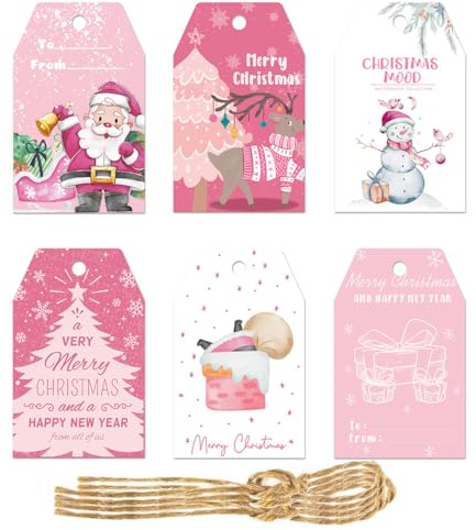 Weihnachten Geschenkanhänger,60 PCS Weihnachtsanhänger Rosa Weihnachten Anhänger Etiketten mit Jute Schnur für Flaschen Dekoration DIY Geschenkverpackung Pink Paper Gift Tags