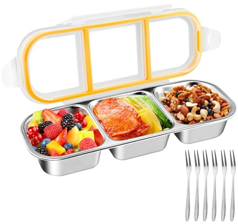 Snackbox mit 3 Fächern, Bento-Snack-Behälter mit Auslaufsicheren Deckeln, Snackteller aus Edelstahl, Wiederverwendbar Unterteilte Snackdose für Süßigkeiten Gewürze Nüsse Keksen und Gemüse Lunchbox