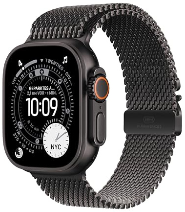 Apple Watch Ultra 3 [GPS + Cellular 49 mm] Montre connectée Course à Pied et Multisport avec boîtier Titane Noir et Bracelet Milanais Noir. Communications Satellite, Suivi santé et activité
