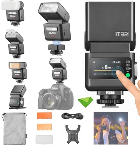 Godox IT32 TTL Blitzgerät + X5F für Fuji Kameras, Touchscreen-Blitzgerät, 2,4-GHz-Funkverbindung, Leitzahl 18, Blitzladezeit 1,5 s, magnetischer Anschluss