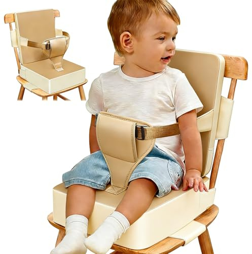 Sitzerhöhung Stuhl Kind,PU Wasserdicht Stuhlerhöhung Kinder mit Rückenlehne und Verstellbaren Sicherheitsgurt, 3-Punkt Schnalle mit Gurte Kindersitzkissen Sitz für Kinder und Kleinkinder (Beige Gelb)
