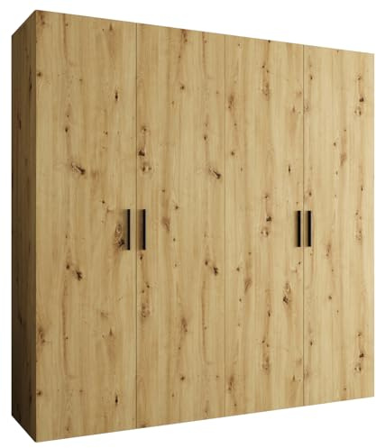MEBLE KRYSPOL - Kleiderschrank - Garderobenschrank - 200 cm x 202 x 52 cm - Schrank mit Kleiderstange, 4 Türen - für Schlafzimmer, Flur - BARI, Artisan-Eiche, Griff Schwarz