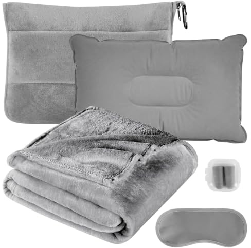 Reisedecke Kissen 2 in 1, 127x152 cm Weiche Flugzeugdecke, Reisedecke Ultraleicht Warm, Langstreckenflug Zubehör, Flugzeugdecke für Reisen, Büro, Zuhause, Geschäftsreisen (S-Grau)