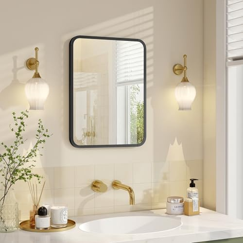 SONGMICS Bathroom Mirror, Wall Mounted Vanity Mirror, Rectangular, Aluminium Frame, 40 x 30 cm, with Safety Film, 2 Mounting Options, for Living Room, Bedroom, Bathroom, Ink Black LWM012BD01