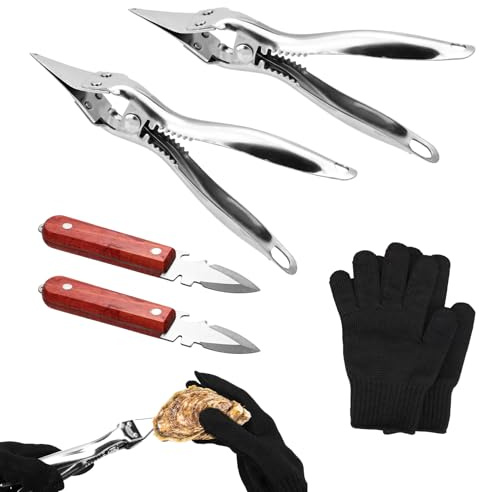 Professional Oyster Shucking Kit, Includes 2pcs Stainless Steel Oyster Shucker 2pcs Shucking Knife with Cut-Resistant Gloves, Seafood Opener Tools for Easy Clam Scallop Shell Opening & No Waste Juice