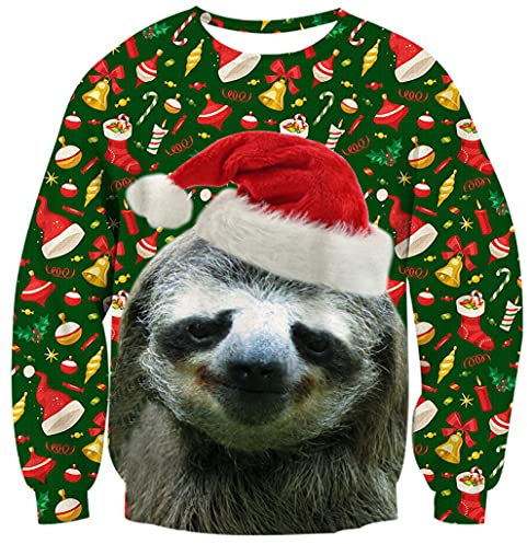 Hässlicher Weihnachtspullover für Damen, 3D-Faultier mit roter Mütze, bedruckter Pullover, Sweatshirts 80er Jahre, Jungen, Hemden, Erwachsene, Weihnachten, langärmelig, Tops, T-Shirt, Unisex,