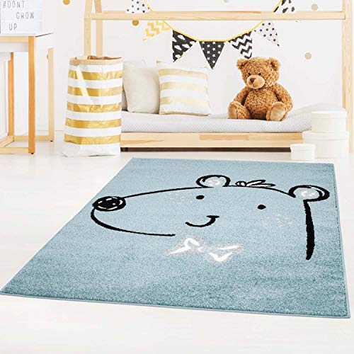 carpet city Kinderteppich Bubble Kids Flachflor mit niedlichen Bär in Petrol-Blau für Kinderzimmer; Größe: 80x150 cm, bubble-1333-blue-80x150