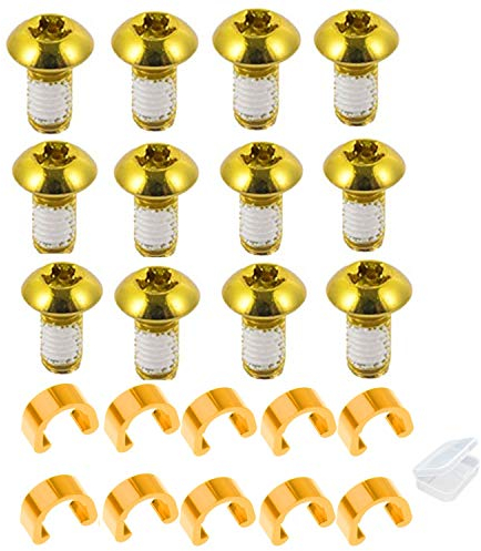 PPX 12 vis de disque de frein de vélo avec gel anti-dérapant - boulons de disque de rotor en acier M5 x 10mm et 10 pièces de câble de frein C clips avec boîte pour VTT Accessoires de vélo (Or)