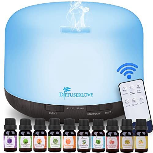 Diffuserlove Luftbefeuchter Aroma Diffuser 500ML Fernbedienung Ultraschall ätherisches Öl Diffuser Cool Mist Luftbefeuchter mit 7 Farben LED Licht, Aromatherapie