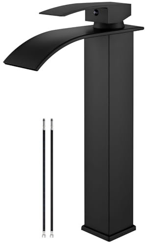 Airuida Grifo de baño de cascada alto de latón negro mate con un solo agujero de montaje en cubierta con boquilla rectangular grande para lavabo