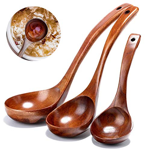 Lot de 3 Louches à Soupe en Bois Naturel - Cuillère Japonaise à Long Manche - Ustensile de Cuisine