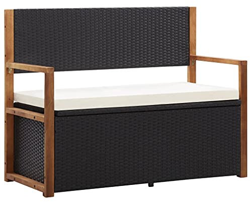 CHAHO Bank mit Stauraum 110 cm Poly Rattan Massivholz Akazie Schwarz,ideal für den Balkon oder Garten