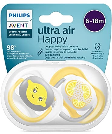Philips AVENT ultra air Schnuller - 2er Pack, BPA-freier, atmungsaktiver Schnuller für Babys von 6-18 Monaten, inklusive Transport- und Sterilisationsbox, Zitrone/Orange (Modell SCF080/18)