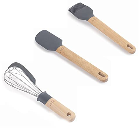 Lacor 68191 - Set di 3 utensili da pasticceria Unite realizzati in silicone grigio e legno liberi di BPA
