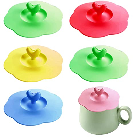 6 Pcs Silicone Glass Cup Covers, Cup Covers for Drink, Silicone Cup Covers with Heart Shaped Handles, Sealed and Dustproof Cup Lids, for Glass Cups, Coffee Cups, Tea Cups