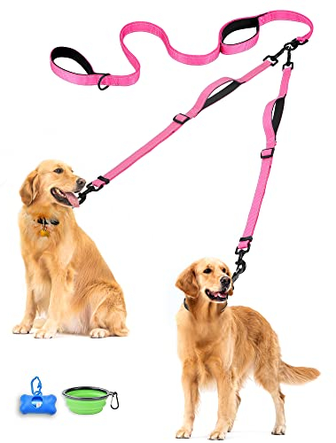 PetBonus Guinzaglio Doppio per Cani, Guinzaglio Regolabile Riflettente per 2 Cani, 360° Antigroviglio Doppio con 4 Manici Imbottiti, Taglia Grande e Media, Ideale per Passeggiate (Rosa)