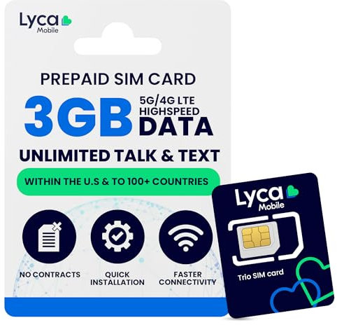Lycamobile 60 Tage Prepaid-SIM-Karte für Mobiltelefone, 3 GB Highspeed-4G-LTE/5G-Daten, Internationale Gespräche und SMS in über 100 Länder, schnelle Aktivierung, 3-in-1-Dreifachschnitt