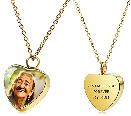 OTXIXTO Personalisierter Herz-Urne Halskette Gravur Foto/Name für Männer Frauen Mädchen Edelstahl Haustier menschlicher Aschehalter Gedenk-Andenken Einäscherungs-Trichter-Set(Gold)