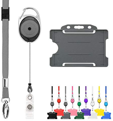 LanyardsTomorrow Lot de 10 cordons rétractables et porte-badges comprenant des cordons unis, des mousquetons extensibles Yoyo et des porte-cartes rigides (gris)