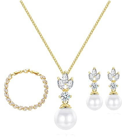 Schmuckset Gold für Damen, Hochzeit Schmuckset Perlen Ohrringe Halskette Armband, Brautschmuck Set mit 5A Funkeln Zirkonia Blumen Silber 925 Schmuck mit Geschenkbox Geschenke für Braut Brautjungfer