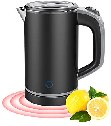 Petite bouilloire électrique de 0,8 l sans fil, 600 W à ébullition rapide en acier inoxydable, bouilloire de voyage portable pour l'eau bouillante à double paroi, arrêt automatique