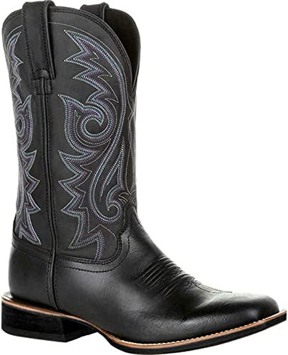 KKPW Stivali da cowboy da uomo larghi classici vintage a metà polpaccio stivali occidentali con ricamo a punta tacco a blocchi stivali lunghi (taglia: 45EU, colore: nero)