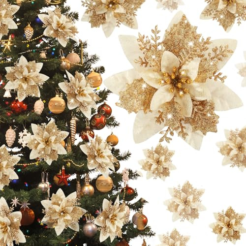 Weihnachtsstern Weihnachtsdekoration Blumen – 12 Stück künstliche rote goldene Weihnachtssterne Weihnachtsbaum Ornamente Glitzer für Weihnachten Neujahr Hochzeit Party Kranz DIY Girlande Dekor