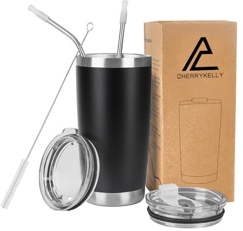 CherryKelly 20oz (550ml) Insulated Travel Tumbler Mug Stainless Steel Vacuum Coffee Cup with 2 Leak-Proof Lids & Straws, BPA-Free, Hot & Cold, Commute, Gym, Office - Black