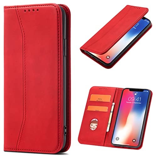 OKZone Kompatibel mit Sony Xperia 10 II Hülle, Magnet Leder Tasche Handyhülle, Kartenfächer Sony Xperia 10 II Schutzhülle, [Premium PU Leder] Flip Klappbare Magnetische Standfunktion (Rot)