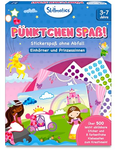 Skillmatics Bastelaktivität - Pünktchen spaß!, Stickerkunst ohne Saubermachen, Geschenke für Kinder von 3 bis 7, Vervollständige 8 Bilder voller Prinzessinnen & Einhörner