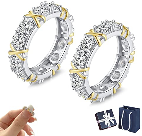 925 Sterling Silver Cross Full Moissanite Diamond Ring, Magnetic Zircon Shaping Ring, Sterling Silver X Criss Cross Ring, JANSIO Threanic Triple-Spin Ring, Engagement Wedding Bands (2Pcs-Gold,9)