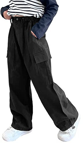 Rolanko Pantaloni Cargo da Ragazza, Pantaloni Larghi in Cotone con Vita Elasticizzata e Tasche Multiple per Bambini di 6-15 Anni, Nero, Taglia: 160