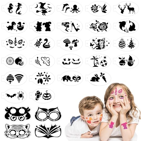 SRIZIAN 30 Stück Gesichtsmalerei Schablonen, Wiederverwendbare Gesichtsfarbe Schablonen, Tattoo-Schablonen für Gesicht und Körper, Kinder Party Urlaub Halloween Make-up