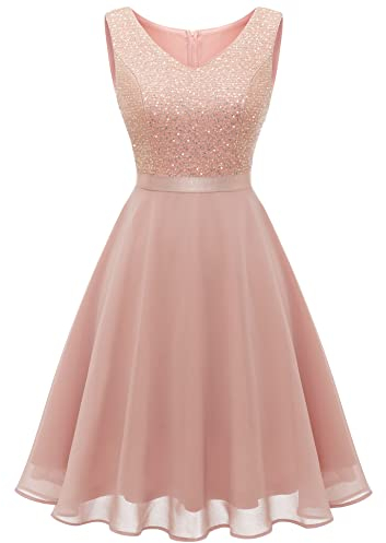 Dressystar Paillettenkleid Damen Elegant Glitzer Cocktailkleid Sommer Jugendweihes Kleid Brautkleid Partykleid Blush L