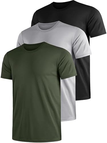Funktionsshirt Herren Sport T Shirt Kurzarm 3er Pack Atmungsaktiv Männer Tshirt Sportkleidung Workout Schnelltrocknend Sportshirt Funktion Training Laufshirt Grün Grau Schwarz(3XL)