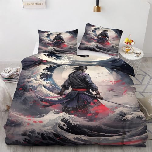 YELDAN Bettwäsche 135x200 Samurai Asiatische, Japanische Wellen Bettbezug, Bettwäsche-Sets 2 teilig, Weich & Bügelfrei Mikrofaser Wendebettwäsche und 1 Kissenbezug 80x80 mit Umschlag
