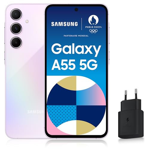 Samsung Galaxy A55 5G, Smartphone Android, 256 Go, Chargeur Secteur Rapide 25W Inclus [Exclusivité Amazon], Smartphone déverrouillé, Lilas, Version FR