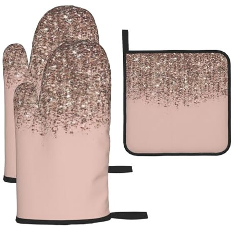 Blush Pink Rose Gold Oven Mitts and Potholders BBQ Gloves and Holders for Cooking Baking (3-Piece Set)