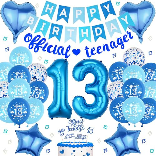 Offizielle Teenager 13. Geburtstag Deko Blau - 66 Stück 13. Geburtstag Deko Zahlen 13 Folienballon HAPPY BIRTHDAY Banner OFFICIAL TEENAGER Banner Herzballon für Jungen Mädchen