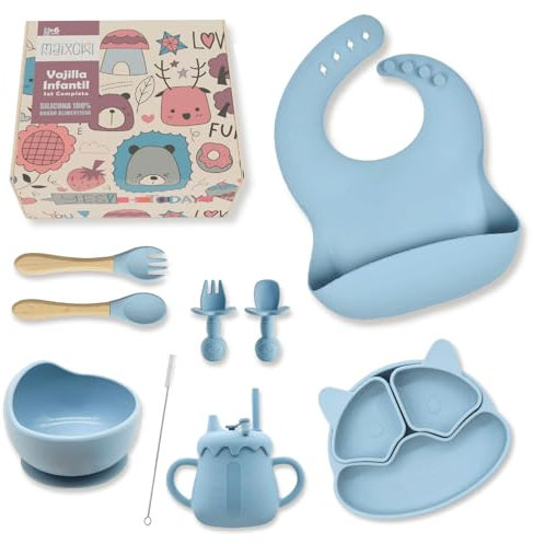 Vajilla bebe silicona | Plato bebe ventosa + 4 cubiertos bebe + bol ventosa + babero bebe + vaso aprendizaje bebe | Set completo de vajilla infantil ideal para BLW | Regalo bebe, Libre de BPA