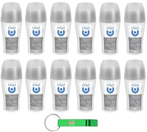 12 x Infasil Deodorant Roll On Neutral Dreifacher Schutz, wirksam gegen Schweiß und schlechte Gerüche, ohne Alkohol, Deo Roll-On 50 ml + Schlüsselanhänger Beni Culinari gratis