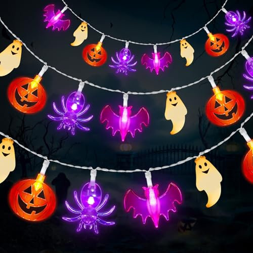 A.bigwhale Halloween Lichter 30 LED, Halloween Deko Lichterkette Kürbis Fledermaus Geister Spinne Batteriebetriebene Lichterkette 2 Modi, Lichterketten für Innen Home Party Dekor Fenster Veranda