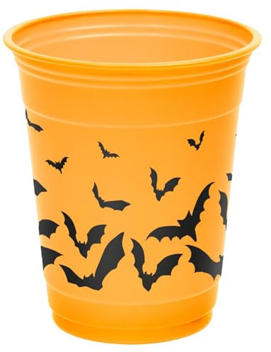 OH YEAH - 8 Vasos Halloween Murciélagos - 360 cc - Vaso Naranja Premium - Decoración Mesa Halloween Temática Calabaza - Vajilla Decoración Halloween Calabaza - FÁCIL MONTAJE