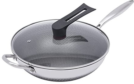biusgiyeny Wok aus Edelstahl Wokpfanne Induktion Kochpfanne Ø30cm Bratpfanne Induktion Gaswokpfanne Wabenstruktur mit Antihaftbeschichtung, leichte Reinigung