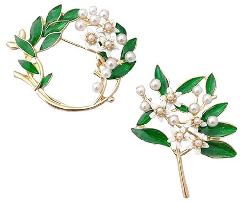 2Pcs Femmes broche,Broche en forme de fleur de camélia avec perles pour femmes et filles,brillant Vert Feuille broche