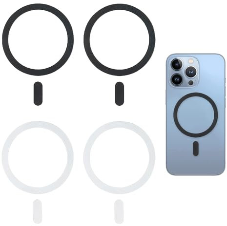 4 Stück Universal Magnet Ring Aufkleber, Kompatibel mit MagSafe Ring, Verbesserte Magnetische Aufladung und Zubehörhalterung, Einfache Installation, Optimierte Ladefunktion, Schwarz & Weiß